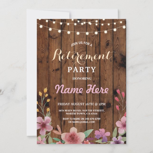 Invitación Floral Retirement Party Watercolor Wood Invite (Anverso)
