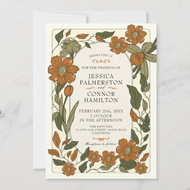 Invitación floral retro de bodas de vintage (Anverso)