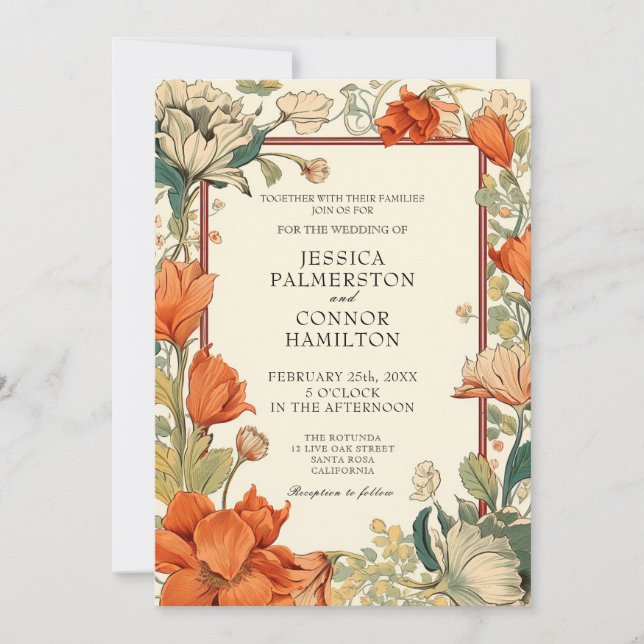 Invitación Floral retro de casamiento de vintage (Anverso)