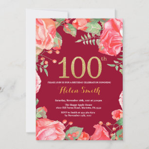 Invitación Floral roja 100 cumpleaños Purpurina de oro Borgoñ