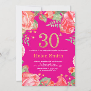 Invitación Floral roja 30 cumpleaños Purpurina de oro y rosa