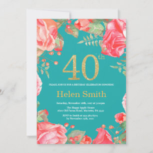 Invitación Floral Roja 40 Purpurina de oro y Verde azulado