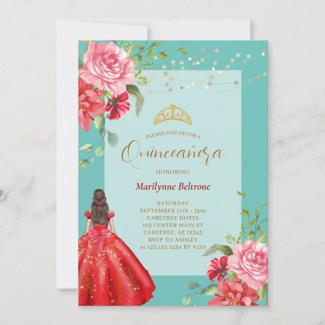 Invitación floral roja a la princesa de Quinceañer (Anverso)