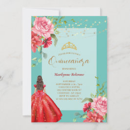 Invitación floral roja a la princesa de Quinceañer