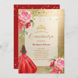 Invitación floral roja a la princesa de Quinceañer