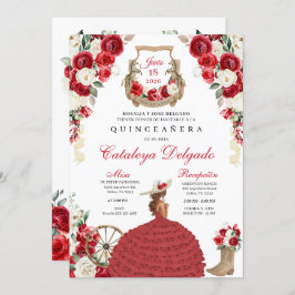Invitación Floral roja boots en el oeste Mariachi Quinceañera