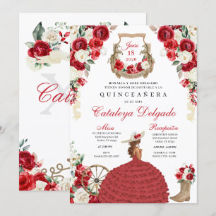 Invitación Floral roja boots en el oeste Mariachi Quinceañera