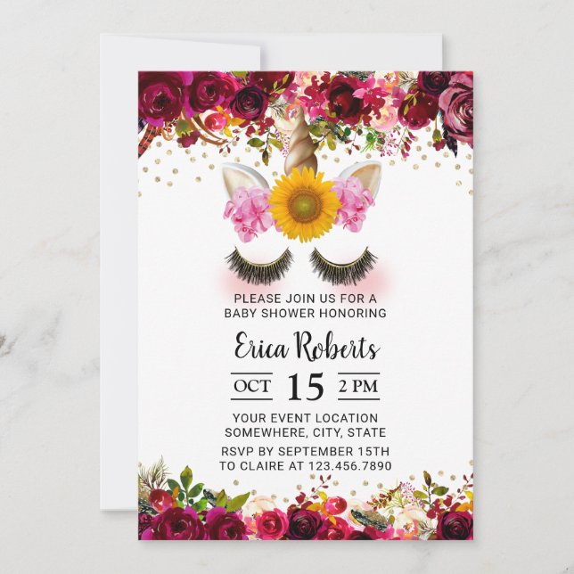Invitación Floral roja borgoña unicornio (Anverso)