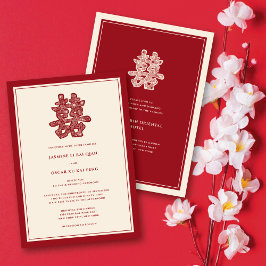 Invitación Floral roja doble felicidad Boda chino moderno