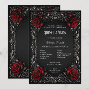 Invitación floral roja gótica de Halloween Quincea