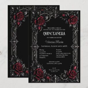 Invitación floral roja gótica de Halloween Quincea