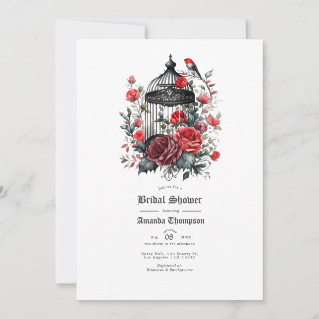 Invitación Floral roja gótica ducha de novia (Anverso)