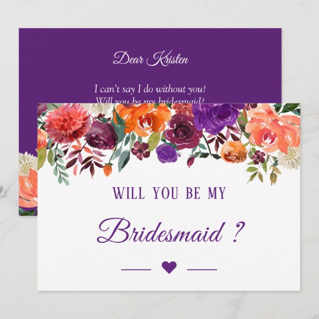 Invitación Floral roja, Naranja púrpura, serás mi dama de hon (Anverso / Reverso)