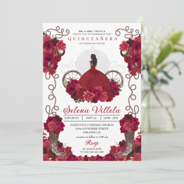 Invitación Floral roja occidental cachorra boots Quinceanera (Anverso de pie)