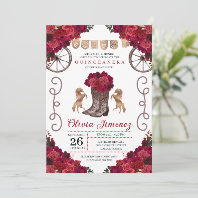 Invitación Floral roja occidental cachorra boots Quinceanera (Anverso de pie)