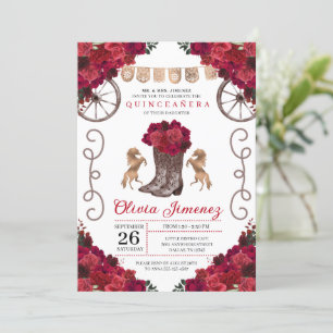 Invitación Floral roja occidental cachorra boots Quinceanera