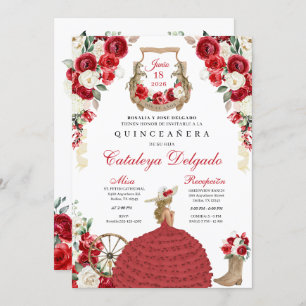 Invitación Floral Roja Occidental Mariachi Charro Quinceañera