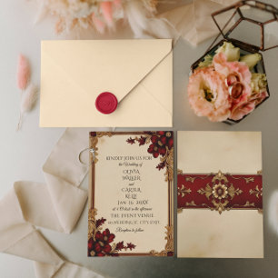Invitación Floral roja profunda de Borgoña victoriana