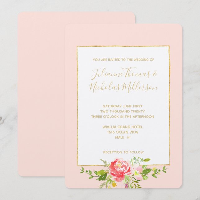 Invitación Floral roja rosa de Rubor (Anverso / Reverso)