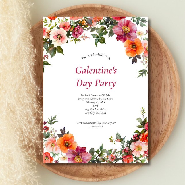 Invitación floral roja rosa de San Valentín en Gal (Galentine's Day Valentine's Day Pink Red Watercolor Floral Party invitation, Printed or Digitial)