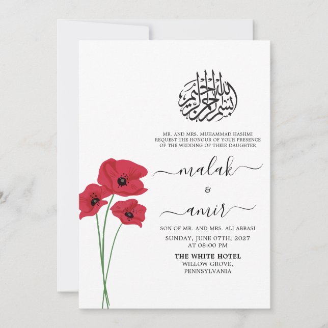 Invitación Floral roja simple negro Boda musulmán islámico (Anverso)