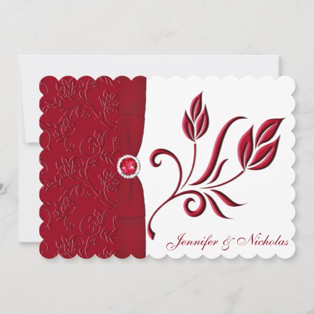 Invitación floral roja y blanca de rubíes de la (Anverso)