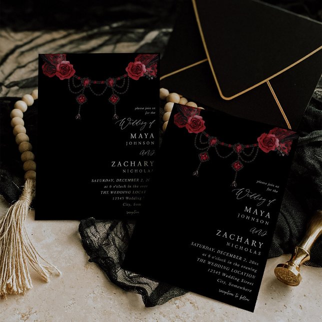 Invitación Floral roja y Boda de cristal - negro (Subido por el creador)