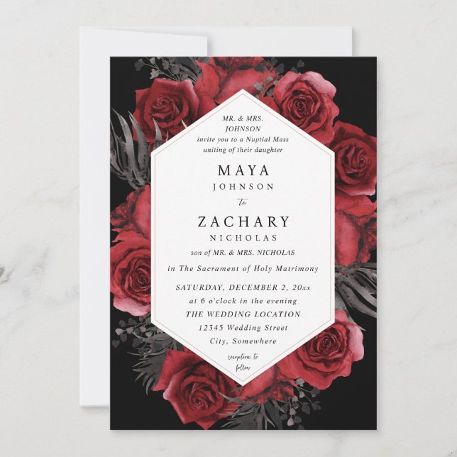 Invitación Floral roja y Boda negra - negro V3 (Anverso)