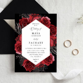 Invitación Floral roja y Boda negro - negro