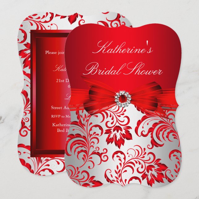 Invitación Floral roja y ducha de novia azul plateado (Anverso / Reverso)