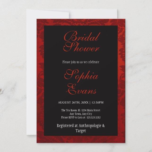 Invitación Floral roja y negra en la ducha de novias (Anverso)