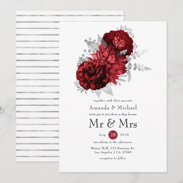 Invitación Floral roja y plateada Sr. y la Sra. Boda (Anverso / Reverso)