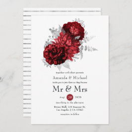 Invitación Floral roja y plateada Sr. y la Sra. Boda