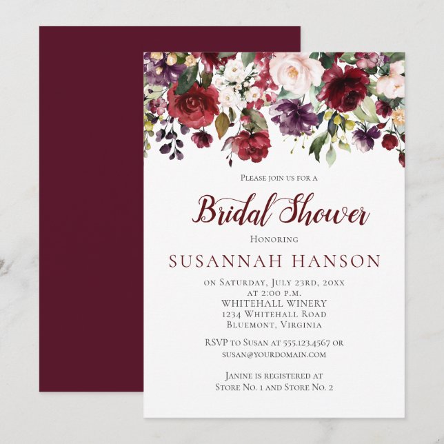 Invitación Floral roja y púrpura Caída de Ducha Británica (Anverso / Reverso)