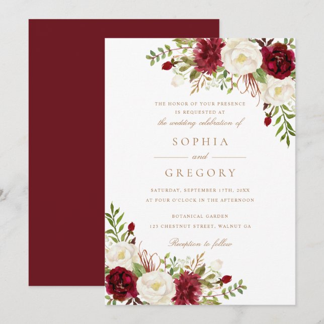 Invitación Floral Rojo Borgoña Blanco Moderno Boda elegante (Anverso / Reverso)