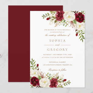 Invitación Floral Rojo Borgoña Blanco Moderno Boda elegante