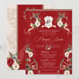 Invitación Floral Rojo Elegante Barroco Charra Quinceañera