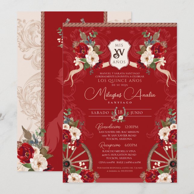 Invitación Floral Rojo Elegante Carro Barroco Quinceanera (Anverso / Reverso)