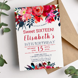 Invitación Floral rojo marina boho peony flores dulce diecisé