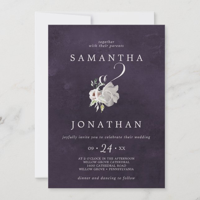Invitación Floral Romance Ampersand | Boda de ciruelas (Anverso)