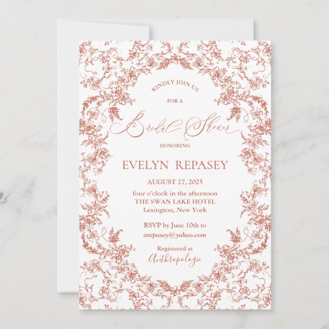Invitación Floral Romance Chinoiserie Coral Bridal Shower (Anverso)