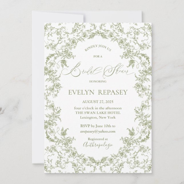 Invitación Floral Romance Chinoiserie Eucalyptu Bridal Shower (Anverso)