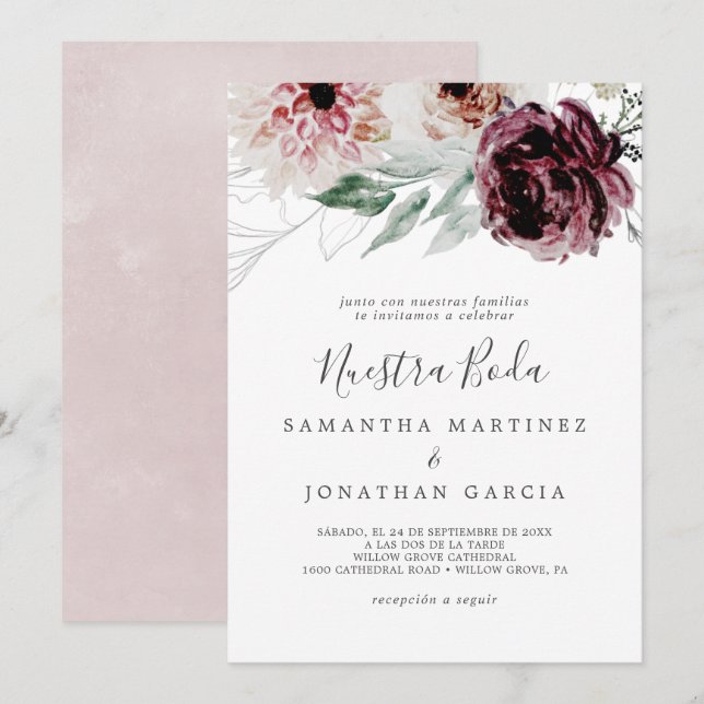 Invitación Floral romance español Nuestra Boda (Anverso / Reverso)