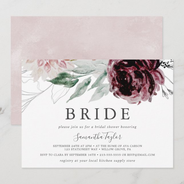 Invitación Floral Romance horizontal Novia Bridal Shower (Anverso / Reverso)