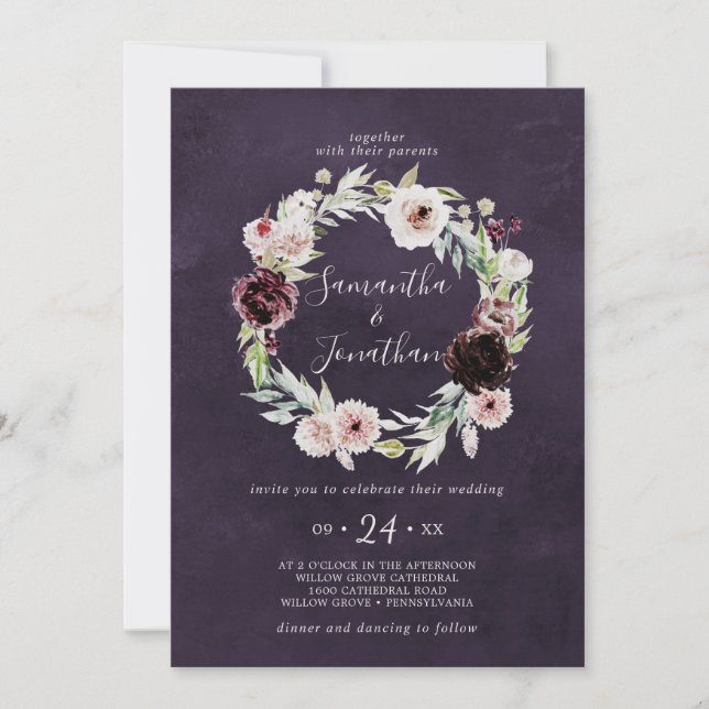 Invitación Floral Romance Wreath | Boda de ciruelas (Anverso)