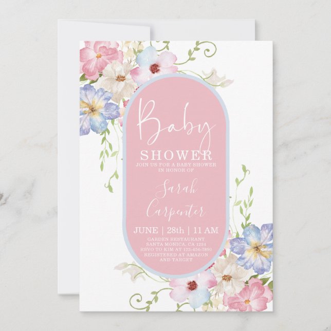Invitación floral romántica a Baby Shower (Anverso)