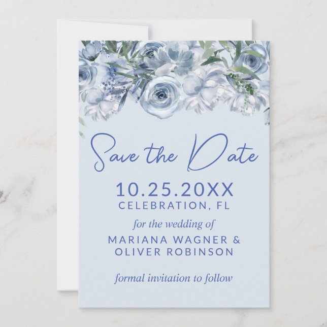 Invitación Floral romántica azul turquesa salva la fecha (Anverso)