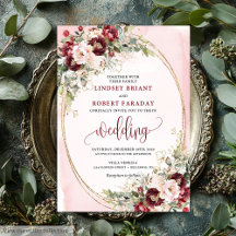 Invitación floral romántica boho borgoña rubor oro