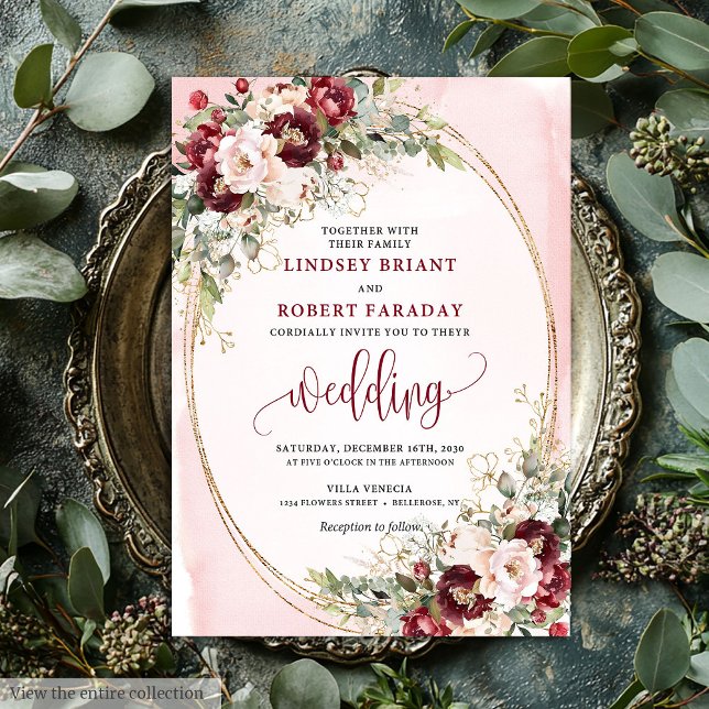 Invitación floral romántica boho borgoña rubor oro (Romantic Boho Burgundy Blush Gold Floral Invite)