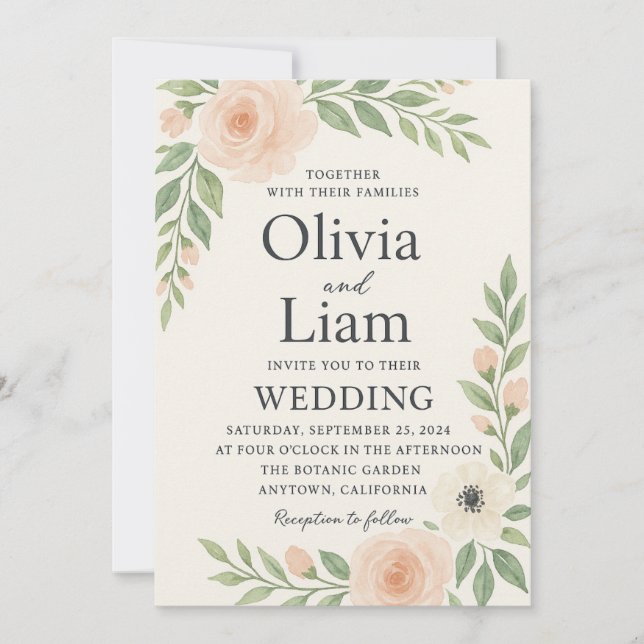 Invitación Floral romántica con melocotón suave y flor de mar (Anverso)